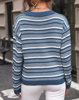 Dark Slate Gray Striped Round Neck Long Sleeve Sweater