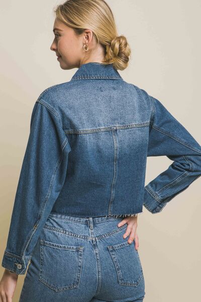 Dim Gray LOVE TREE Raw Hem Button Up Cropped Denim Jacket Sentient Beauty Fashions Apparel &amp; Accessories