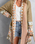 Rosy Brown Geometric Open Front Long Sleeve Cardigan