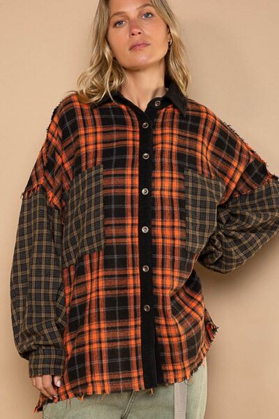 Tan POL Plaid Contrast Long Sleeve Raw Hem Shacket with Chest Pockets Sentient Beauty Fashions Apparel &amp; Accessories