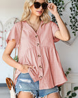 Gray Button Down V-Neck Short Sleeve Shirt Sentient Beauty Fashions Tops