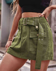 Dim Gray Belted Denim Shorts with Pockets Sentient Beauty Fashions Apparel & Accessories