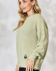Light Gray BiBi Distressed Round Neck Long Sleeve Sweater Sentient Beauty Fashions Apparel & Accessories