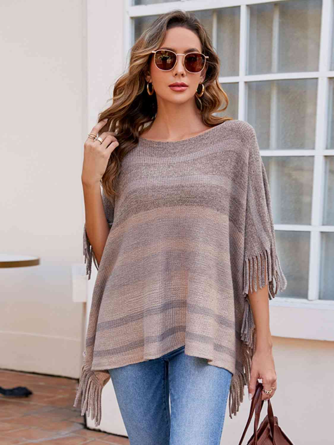 Dark Gray Striped Boat Neck Poncho with Fringes