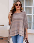 Dark Gray Striped Boat Neck Poncho with Fringes