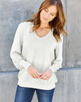 Gray Basic Bae Full Size V-Neck Lantern Sleeve Blouse Sentient Beauty Fashions Apparel & Accessories