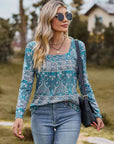 Dim Gray Printed Square Neck Long Sleeve Blouse Sentient Beauty Fashions Apparel & Accessories