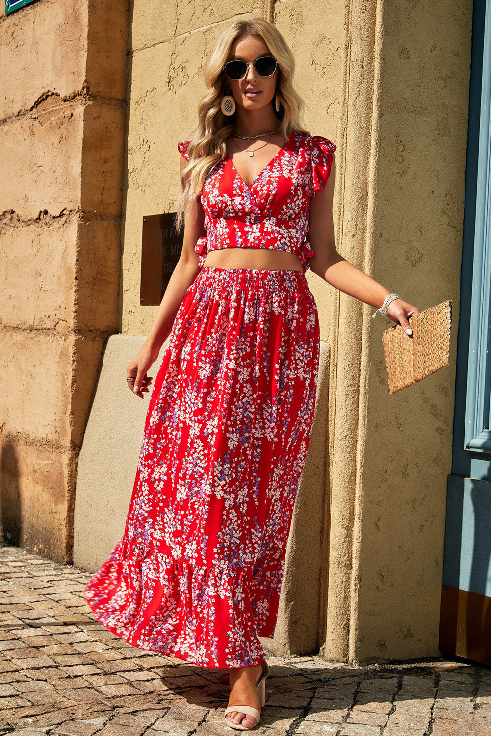 Sienna Printed Tie Back Cropped Top and Maxi Skirt Set