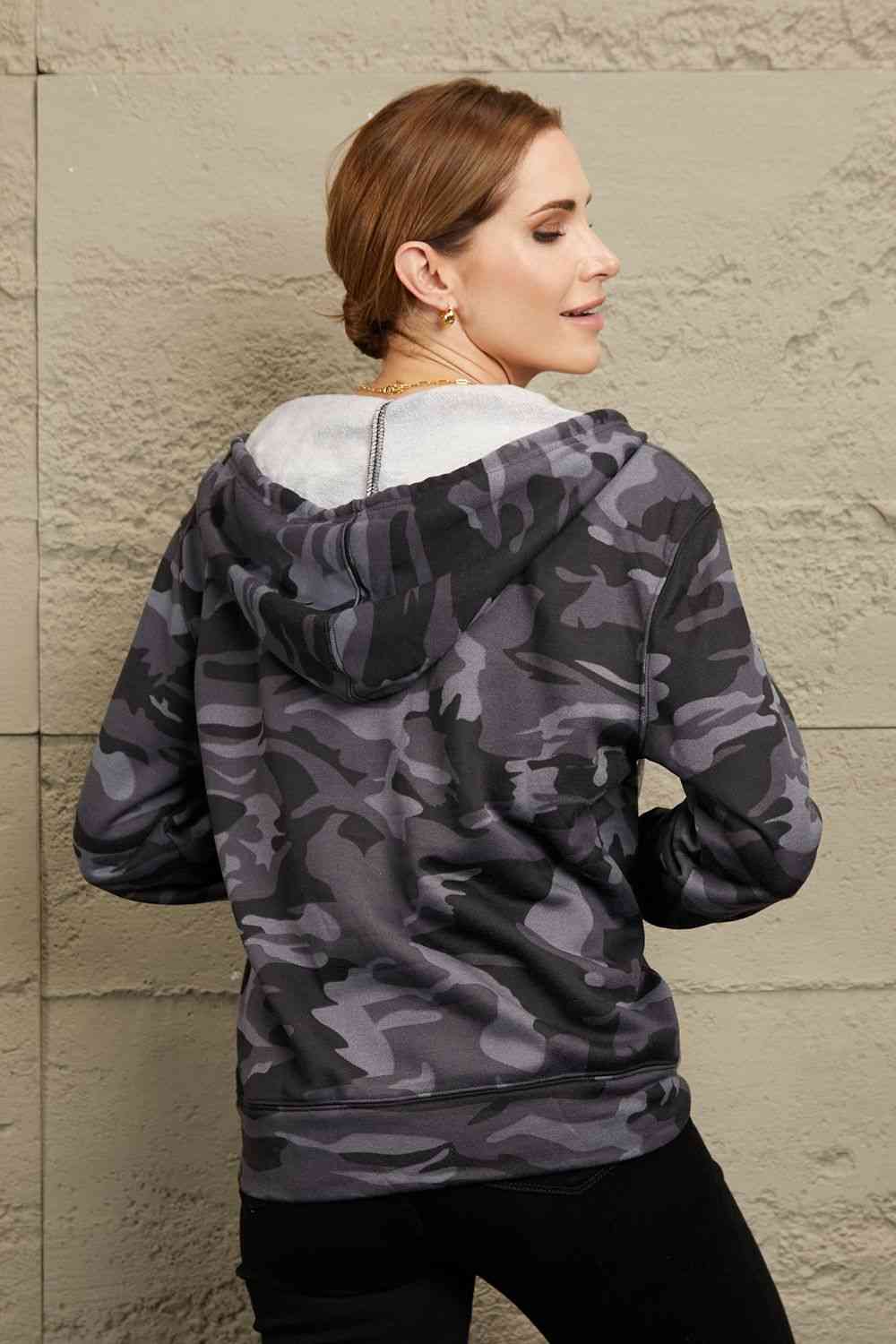 Rosy Brown Double Take Camouflage Drawstring Detail Zip Up Hooded Jacket Sentient Beauty Fashions Apparel &amp; Accessories