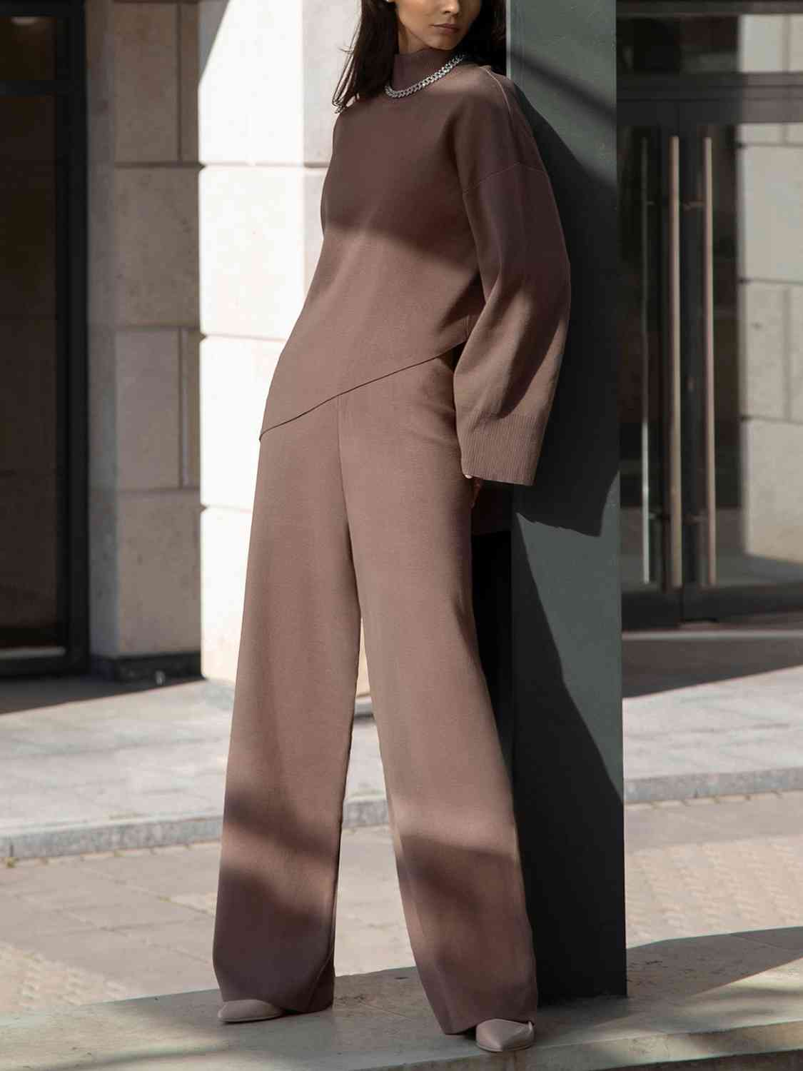 Dark Slate Gray Asymmetrical Hem Knit Top and Pants Set Sentient Beauty Fashions Apparel &amp; Accessories