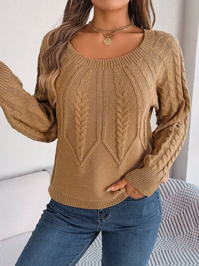 Dim Gray Cable-Knit Round Neck Long Sleeve Sweater Sentient Beauty Fashions Apparel & Accessories