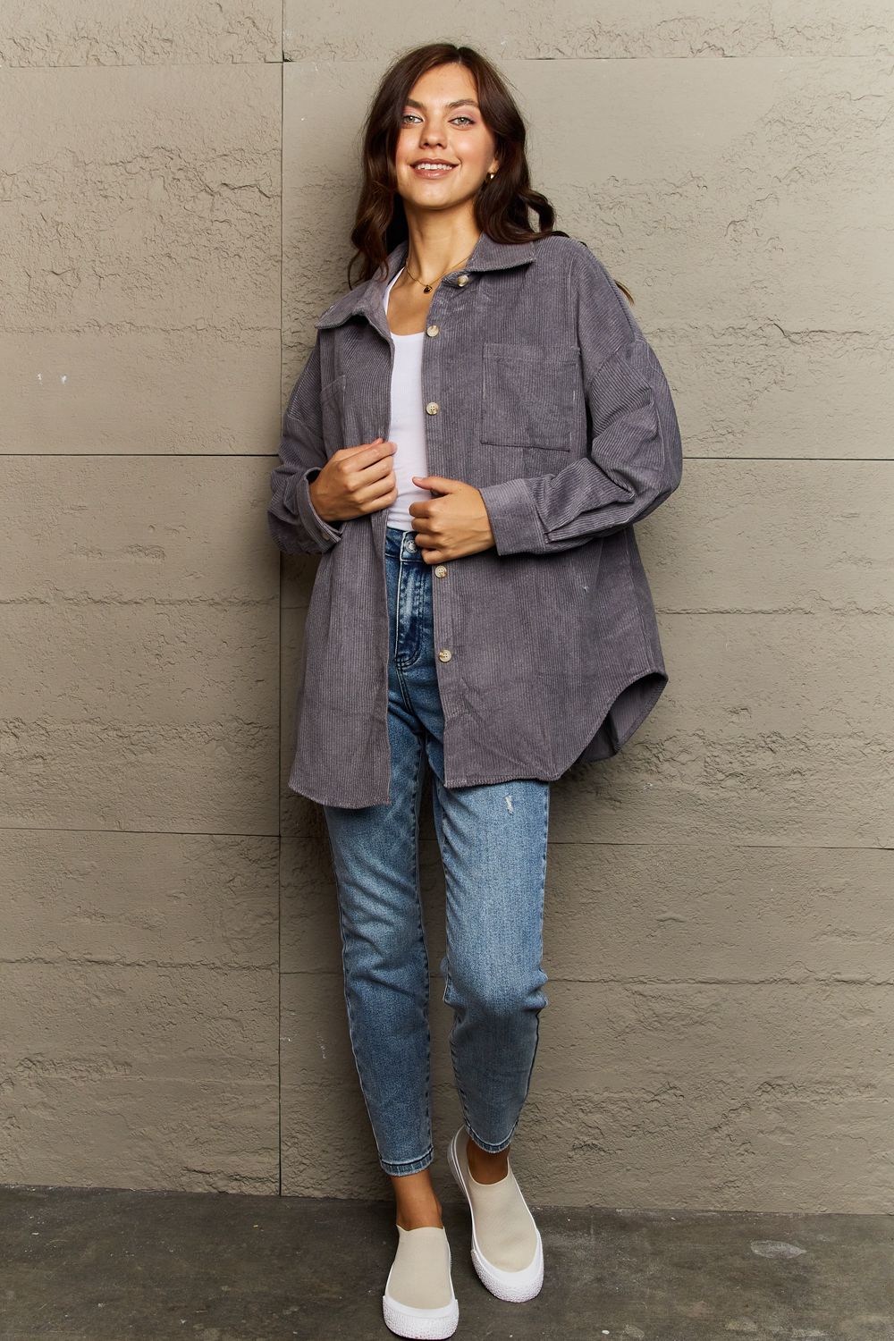 Slate Gray Ninexis Collared Neck Dropped Shoulder Button-Down Jacket Sentient Beauty Fashions Apparel &amp; Accessories
