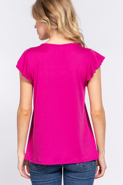 Deep Pink ACTIVE BASIC Ruffle Short Sleeve Lace Detail Knit Top Sentient Beauty Fashions Apparel &amp; Accessories