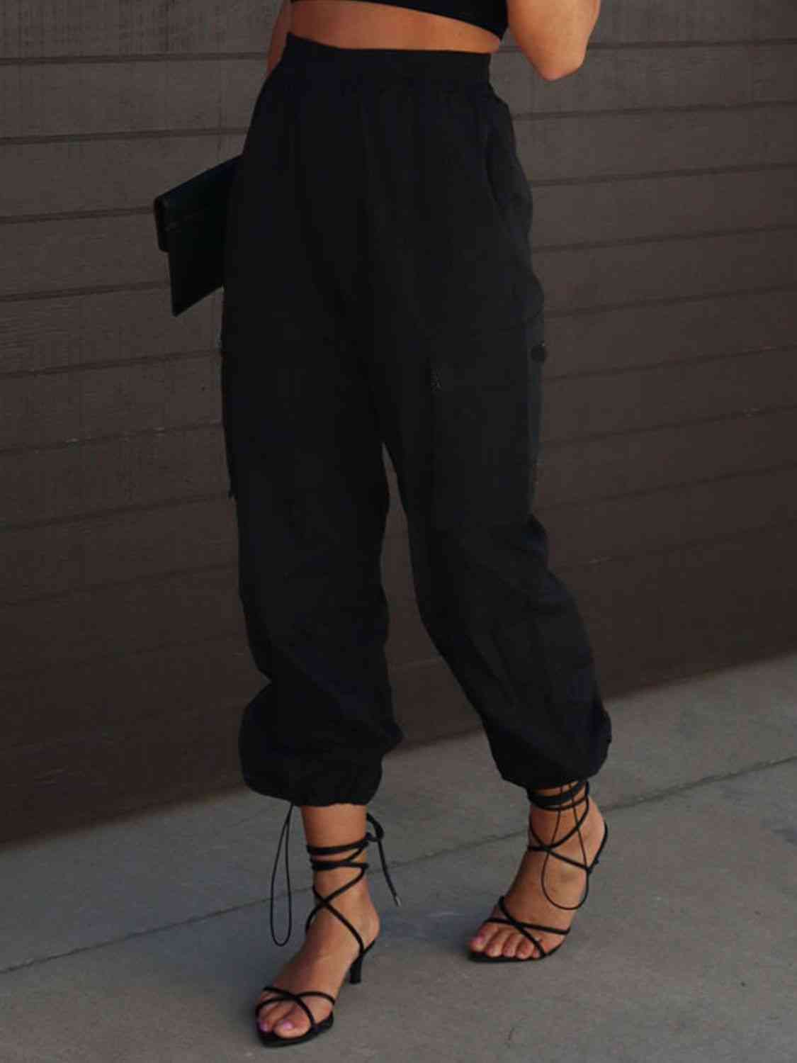 Dark Slate Gray High Waist Drawstring Pants with Pockets Sentient Beauty Fashions Apparel &amp; Accessories