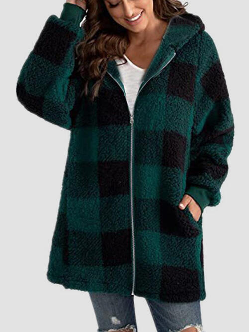 Black Plaid Zip Up Hooded Jacket with Pockets Sentient Beauty Fashions Apparel &amp; Accessories