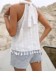 Light Gray Tied Openwork Tassel Grecian Sleeveless Top