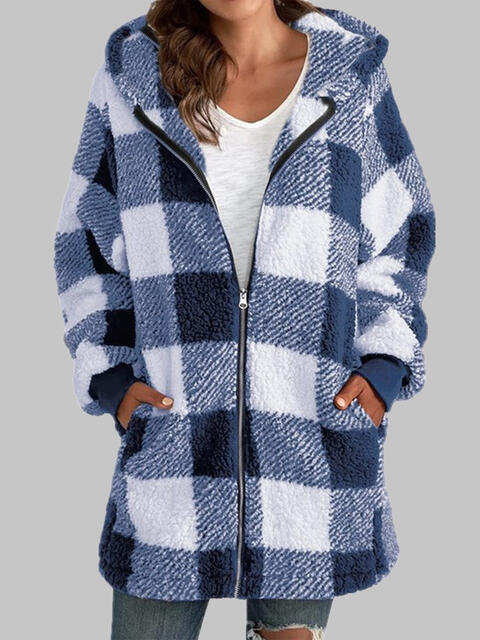 Gray Plaid Zip-Up Hooded Jacket with Pockets Sentient Beauty Fashions Apparel &amp; Accessories