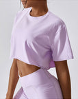 Light Gray Cropped Round Neck Short Sleeve Active Top Sentient Beauty Fashions Apparel & Accessories
