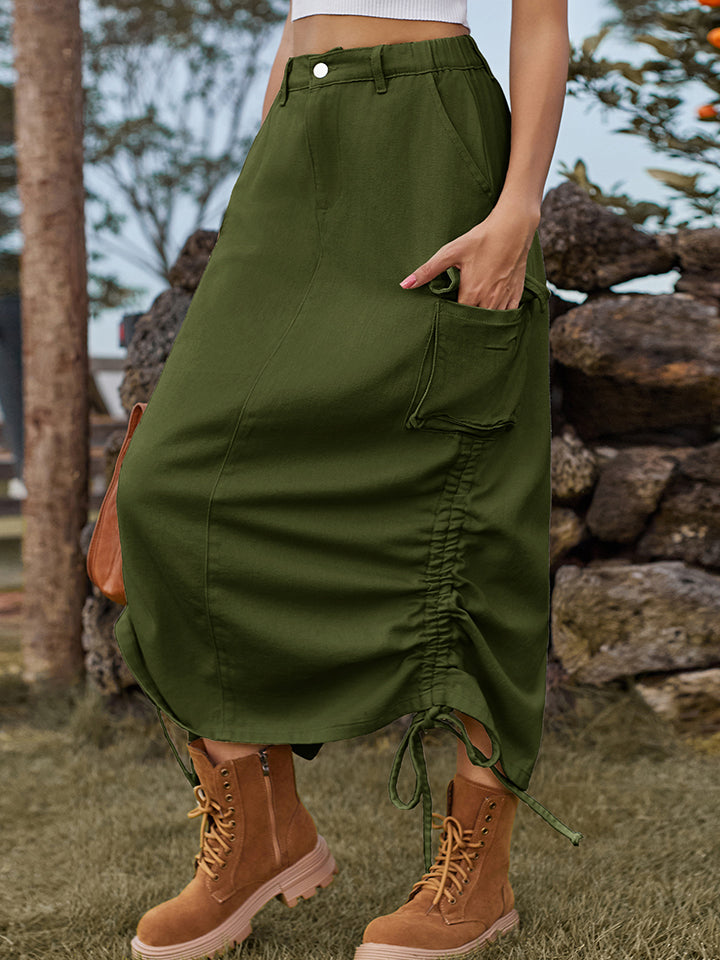 Dark Olive Green Drawstring Denim Skirt with Pockets Sentient Beauty Fashions Apparel &amp; Accessories