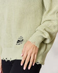 Gray BiBi Distressed Round Neck Long Sleeve Sweater Sentient Beauty Fashions Apparel & Accessories