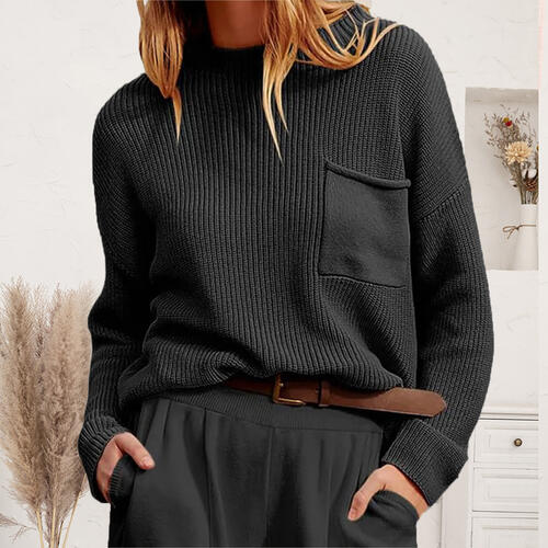 Ribbed Dropped Shoulder Sweater with Pocket