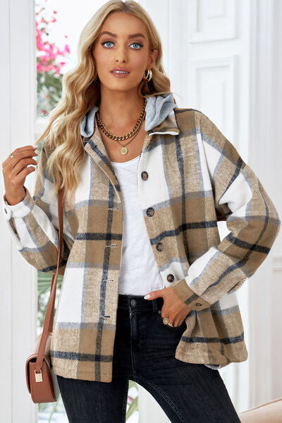 Light Gray Button Up Plaid Hooded Jacket Sentient Beauty Fashions Apparel & Accessories