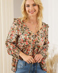 Light Gray Floral V-Neck Babydoll Blouse