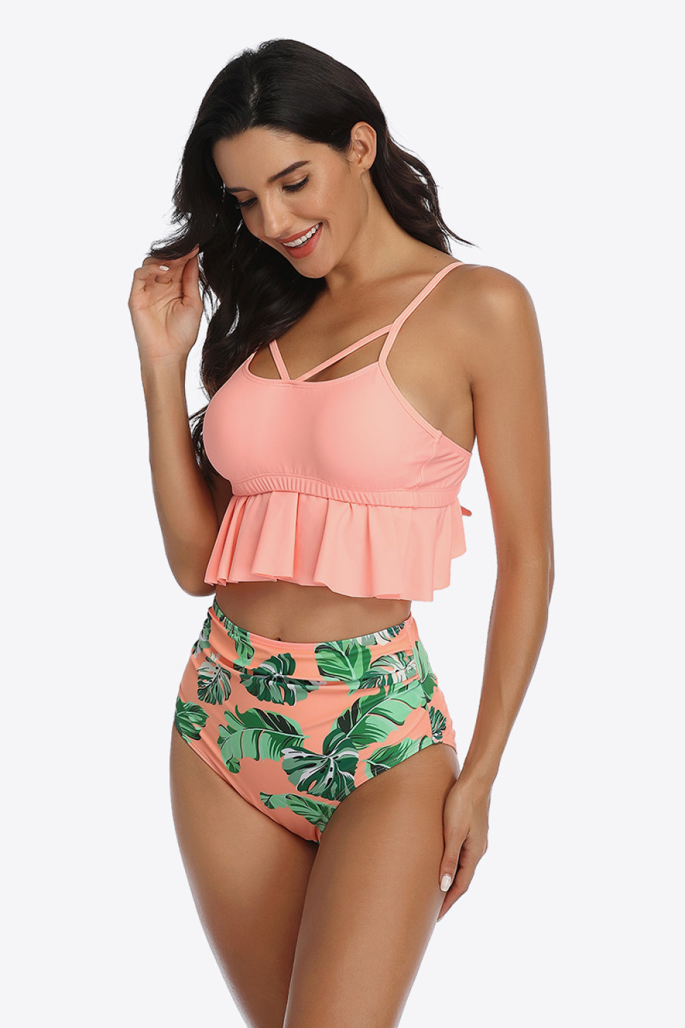 Misty Rose Tropical Print Ruffled Two-Piece Swimsuit Sentient Beauty Fashions Swimwear