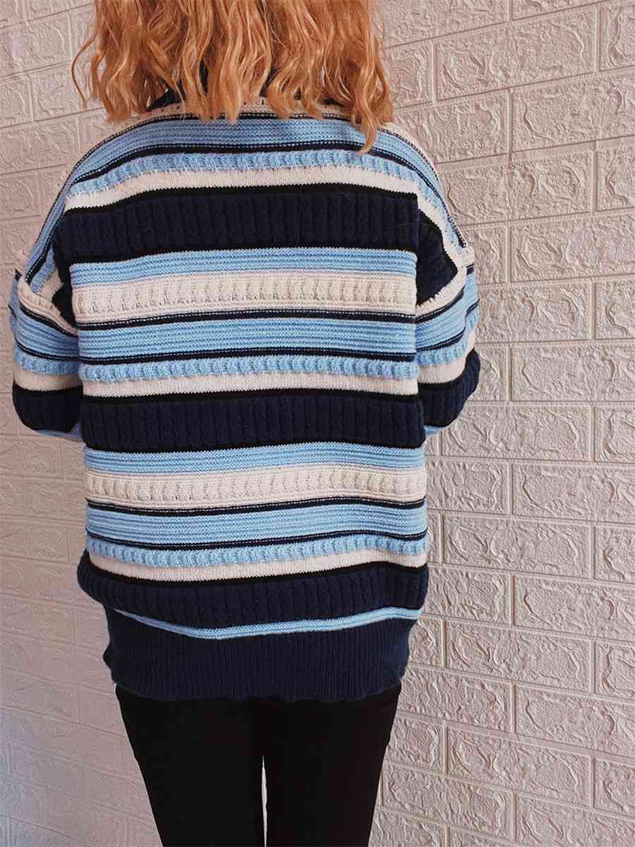 Dark Gray Striped Drop Shoulder Round Neck Sweater