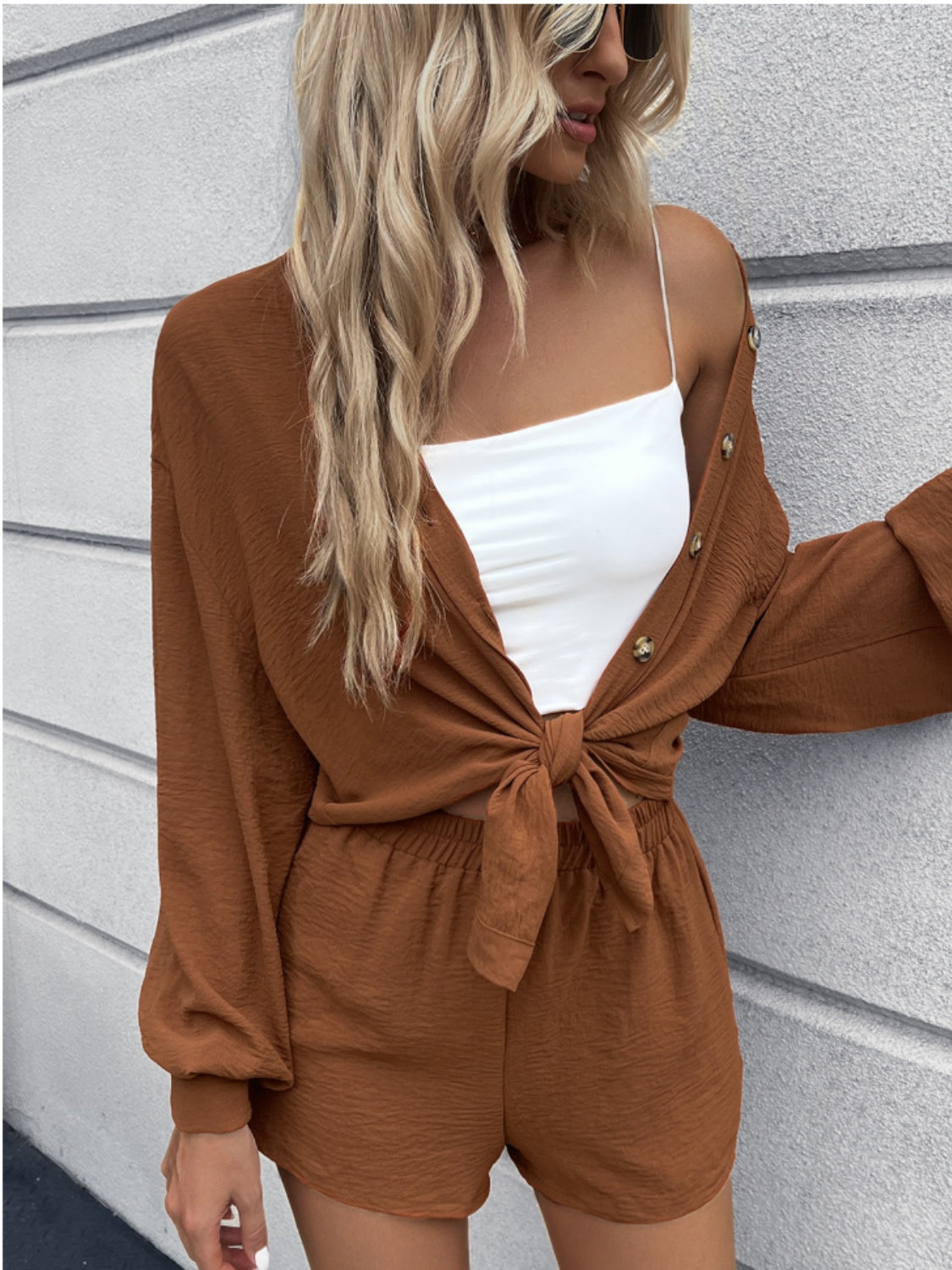 Saddle Brown Button Down Cardigan and Shorts Set Sentient Beauty Fashions Apparel & Accessories