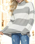 Light Gray Striped Turtleneck Long Sleeve Sweater