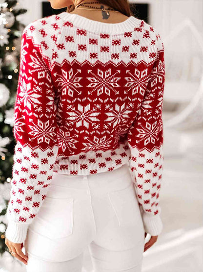 Light Gray Snowflake Round Neck Long Sleeve Sweater