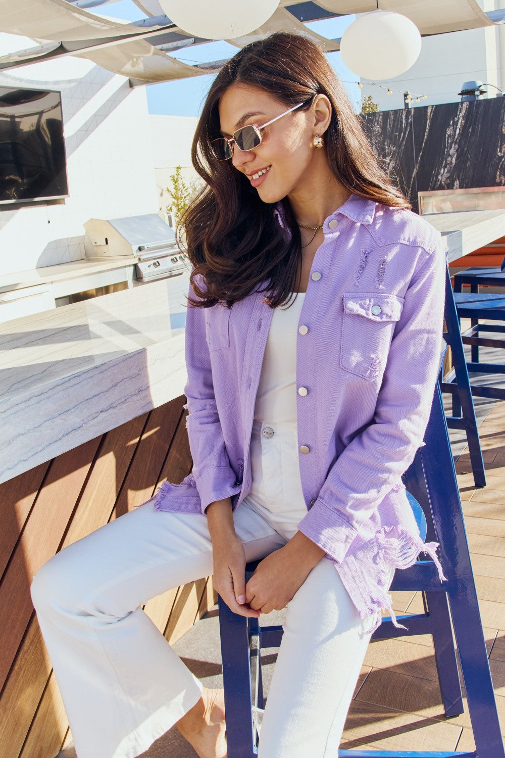 Gray American Bazi Full Size Distressed Button Down Denim Jacket in Lavender Sentient Beauty Fashions Apparel &amp; Accessories