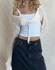 Gray Openwork Tied Dropped Shoulder Cardigan Sentient Beauty Fashions Apparel & Accessories