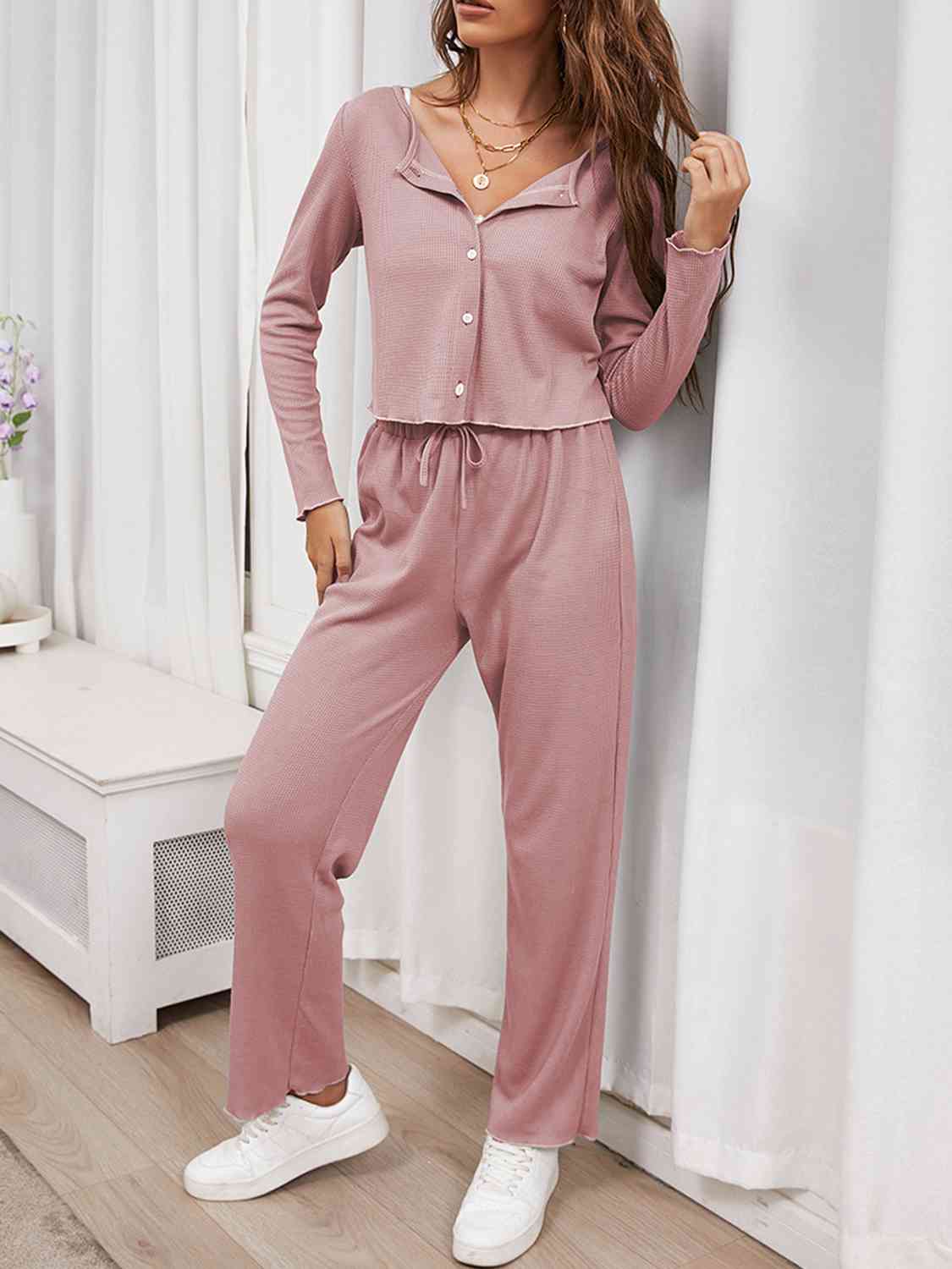 Gray Button Front Long Sleeve Top and Pants Lounge Set Sentient Beauty Fashions Apparel &amp; Accessories