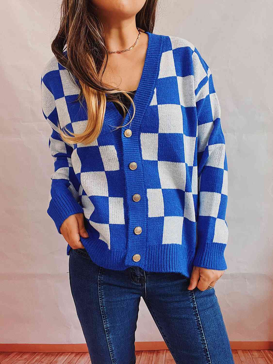 Midnight Blue Checkered Open Front Button Up Cardigan Sentient Beauty Fashions Apparel & Accessories