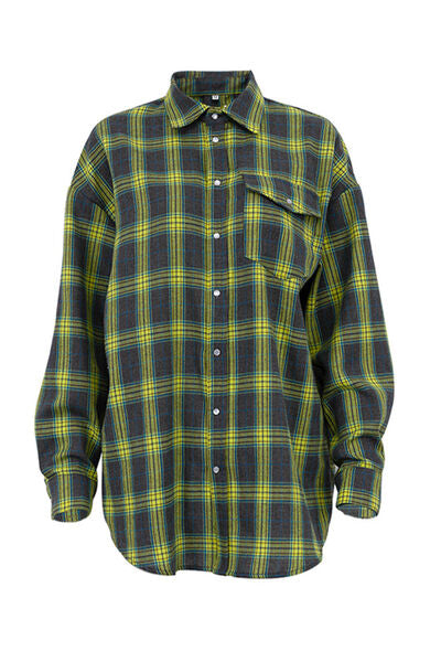 Dark Slate Gray Plaid Button Up Dropped Shoulder Shirt Sentient Beauty Fashions Apparel &amp; Accessories