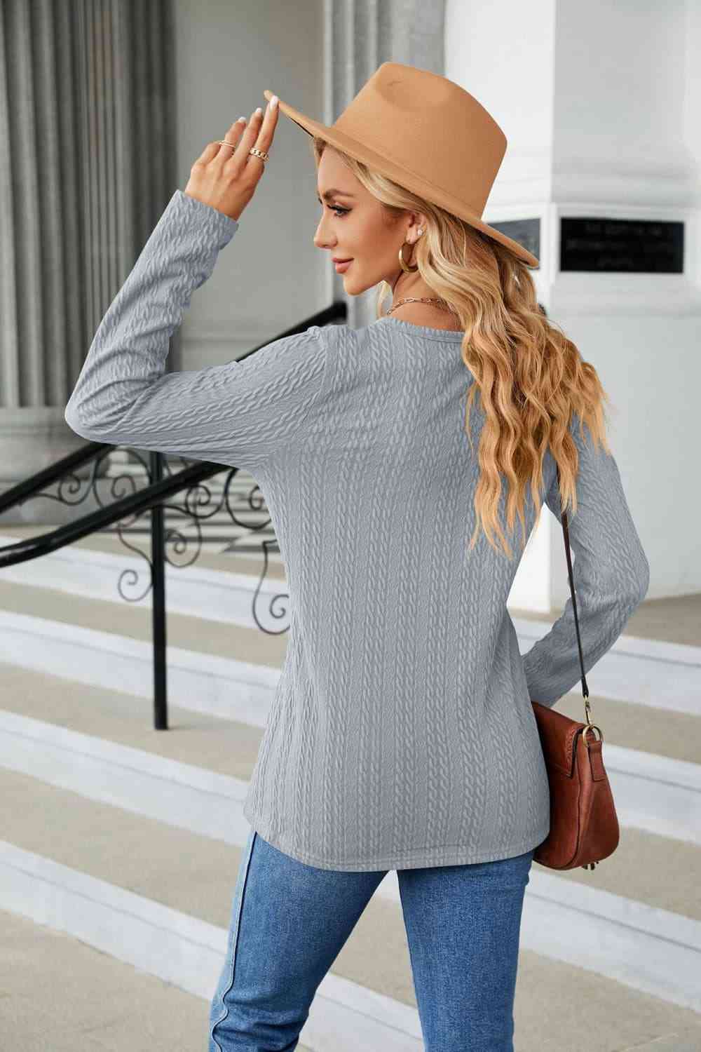 Dark Gray Cable-Knit Long Sleeve V-Neck T-Shirt