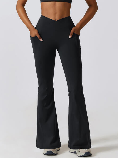 Black Flare Leg Active Pants with Pockets Sentient Beauty Fashions Apparel & Accessories