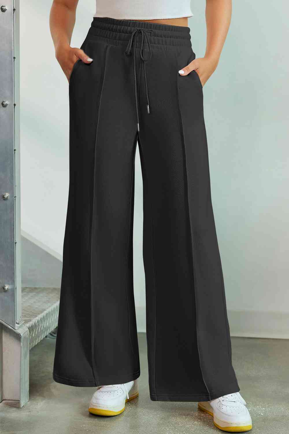 Dark Gray Drawstring Wide Leg Pants with Pockets Sentient Beauty Fashions Apparel & Accessories