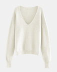 White Smoke V-Neck Dropped Shoulder Long Sleeve Sweater Sentient Beauty Fashions Apparel & Accessories