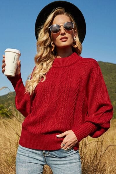 Brown Ribbed Mock Neck Lantern Sleeve Sweater