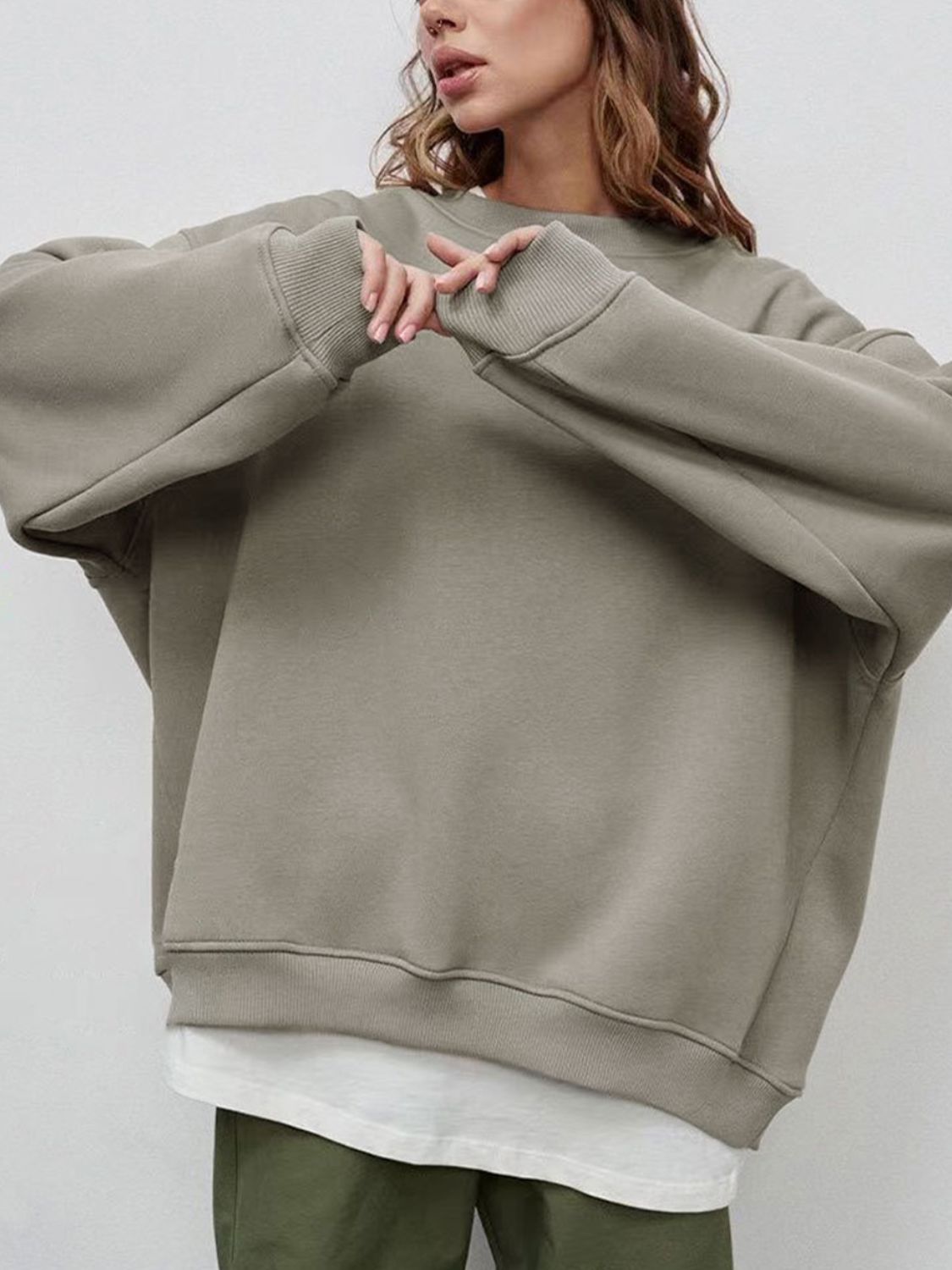 Light Slate Gray Oversize Round Neck Dropped Shoulder Sweatshirt Sentient Beauty Fashions Apparel &amp; Accessories