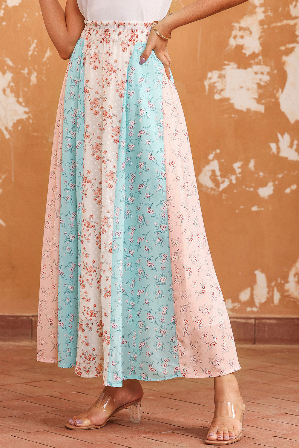 Rosy Brown Floral Color Block Smocked Waist Maxi Skirt