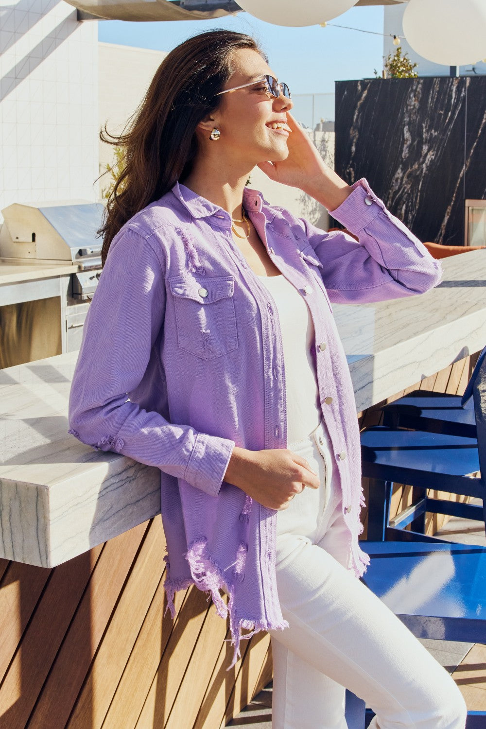 Gray American Bazi Full Size Distressed Button Down Denim Jacket in Lavender Sentient Beauty Fashions Apparel &amp; Accessories