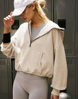 Tan Half Zip Pocketed Dropped Shoulder Hoodie Sentient Beauty Fashions Apparel & Accessories