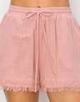 Tan HYFVE Drawstring Cotton Gauze Frayed Shorts Sentient Beauty Fashions Apparel & Accessories