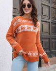 Rosy Brown Reindeer & Snowflake Pattern Dropped Shoulder Pullover Sweater