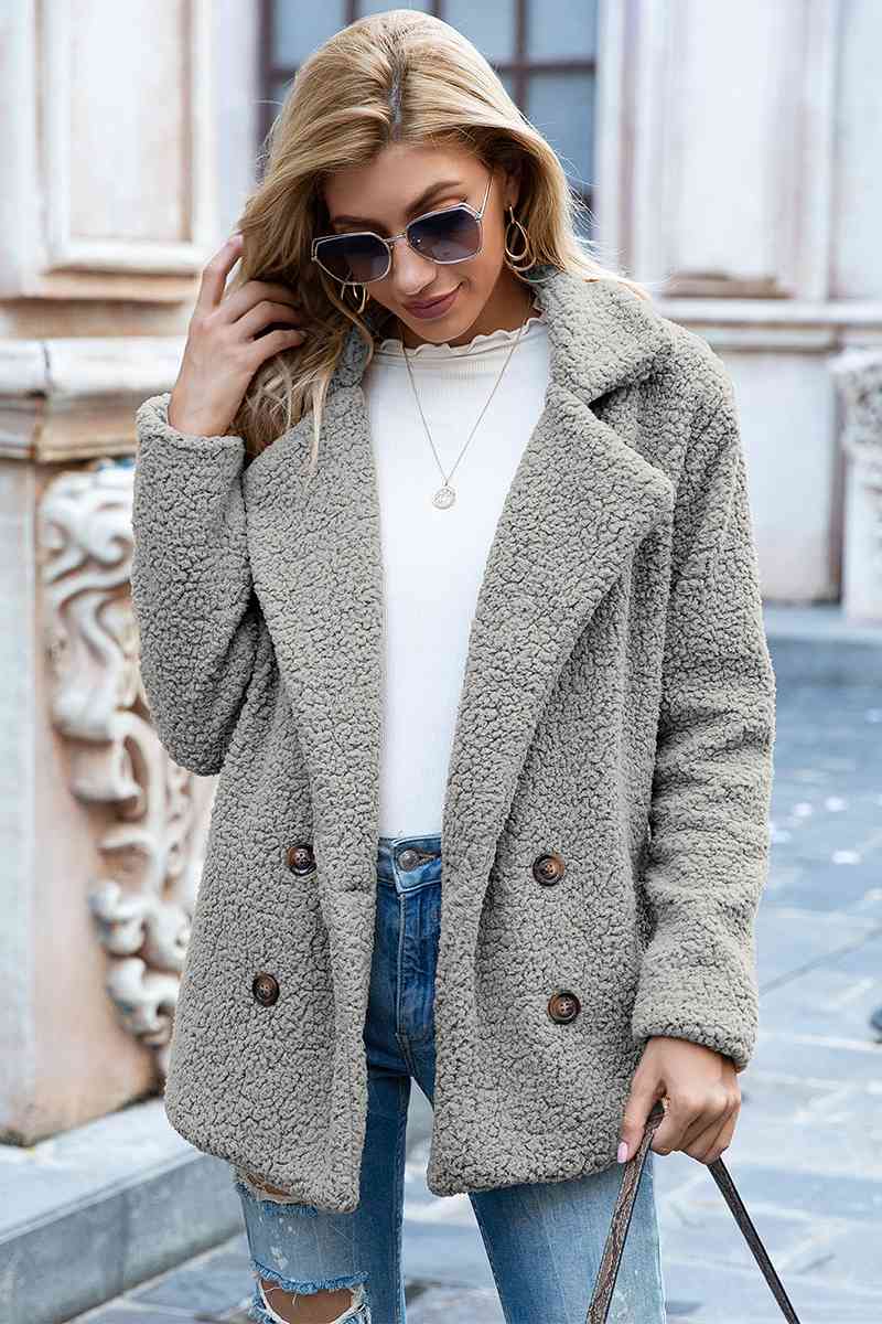Gray Full Size Lapel Collar Sherpa Coat Sentient Beauty Fashions Apparel &amp; Accessories