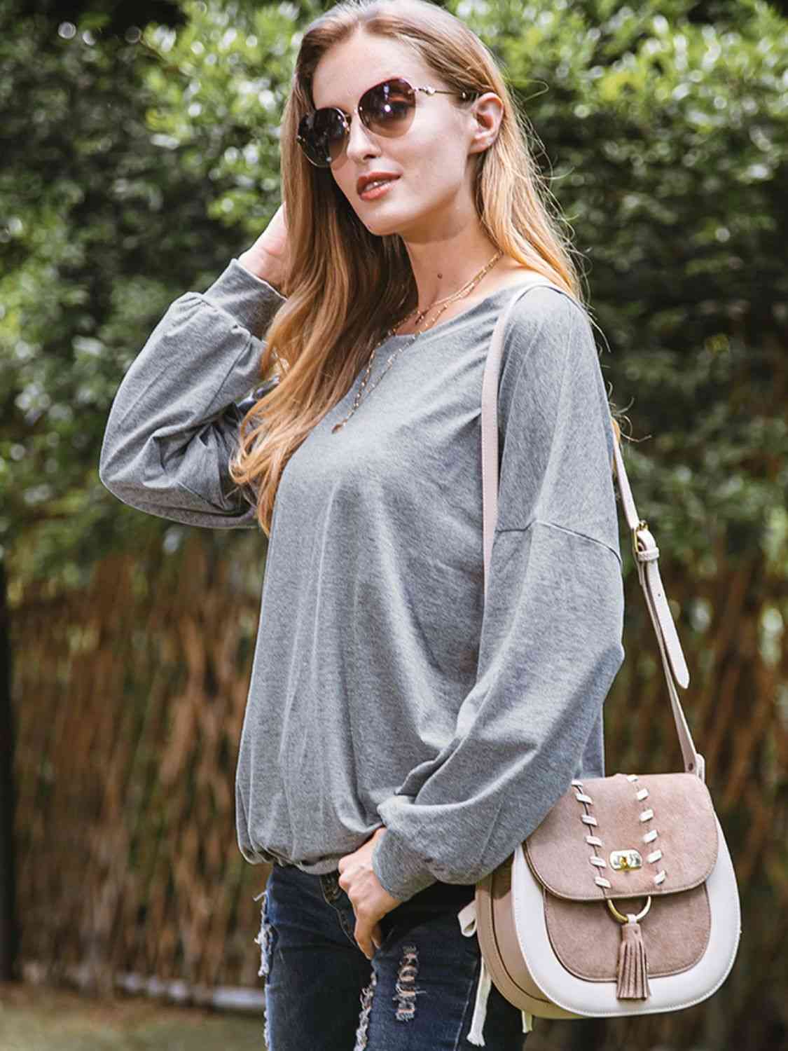 Dark Slate Gray Round Neck Dropped Shoulder Top Sentient Beauty Fashions Apparel &amp; Accessories